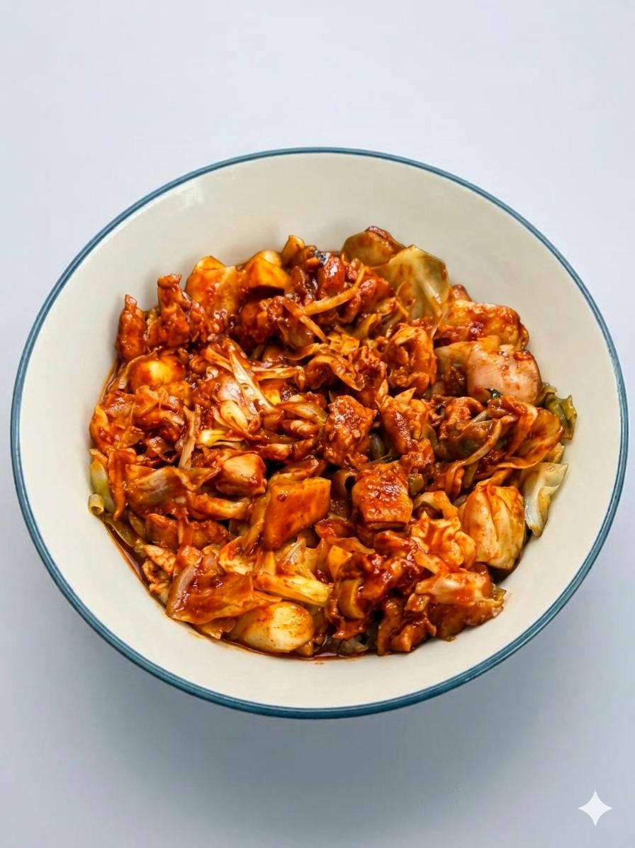 Фото Куриное филе с овощами в остром соусе (닭갈비)